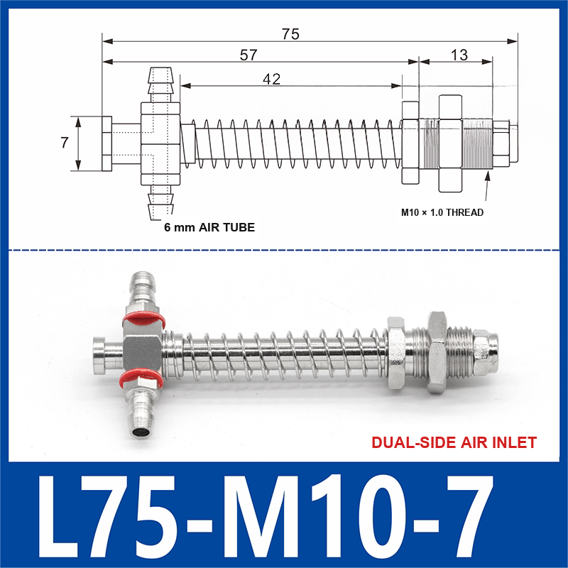 L75-M10-07-DSI small-head dual-side air-inlet vacuum cup buffer mount, 75 mm length, M10 × 1.0 mounting thread, with product view and dimensional drawing