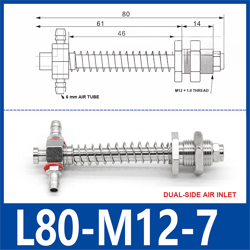 L80-M12-07-DSI small-head dual-side air-inlet vacuum cup buffer mount, 80 mm length, M12 × 1.0 mounting thread, with product view and dimensional drawing