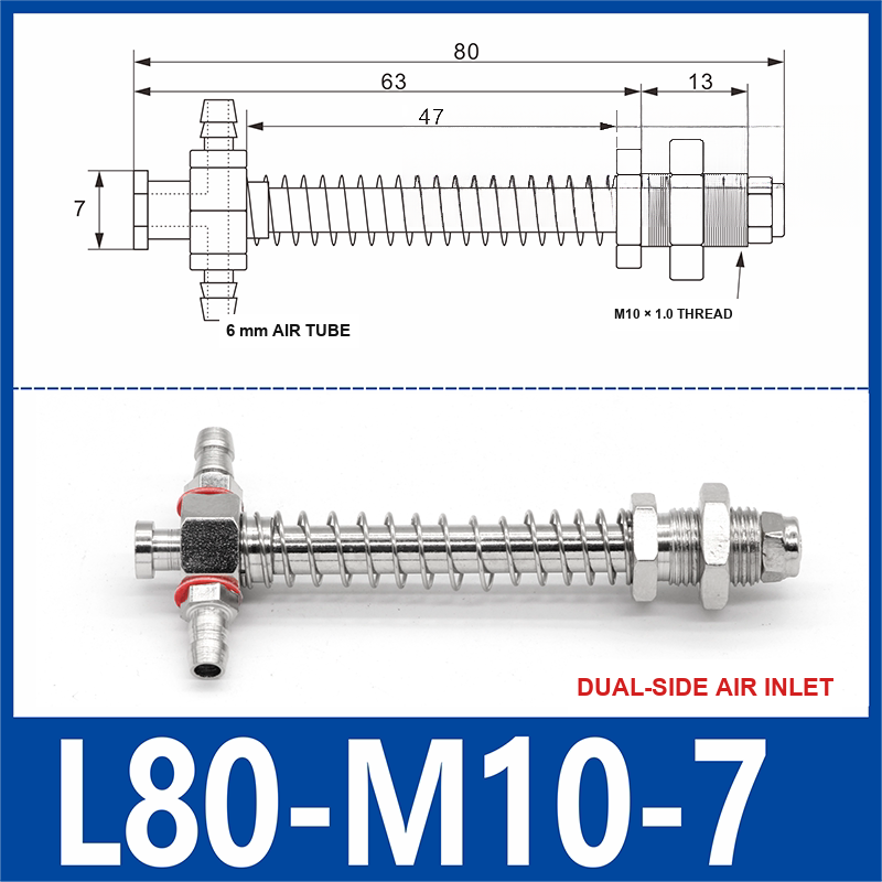L80-M10-07-DSI small-head dual-side air-inlet vacuum cup buffer mount, 80 mm length, M10 × 1.0 mounting thread, with product view and dimensional drawing