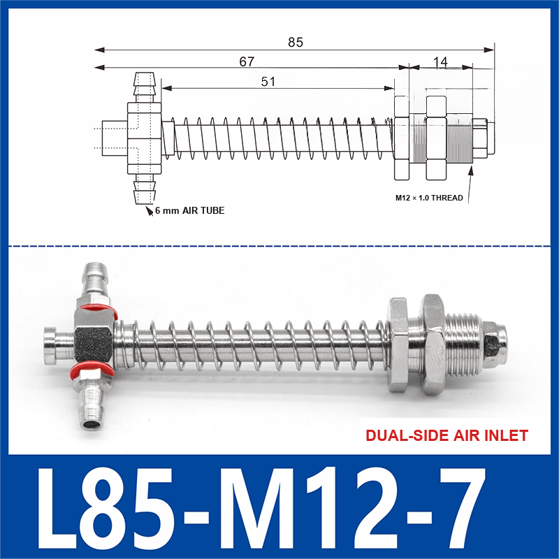 L85-M12-07-DSI small-head dual-side air-inlet vacuum cup buffer mount, 85 mm length, M12 × 1.0 mounting thread, with product view and dimensional drawing