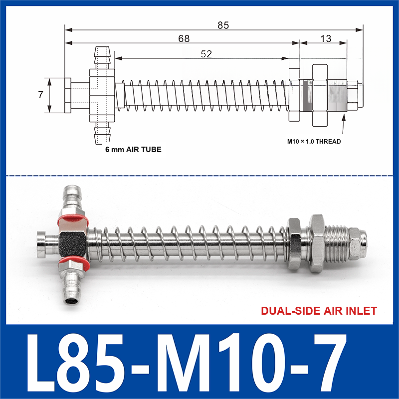 L85-M10-07-DSI small-head dual-side air-inlet vacuum cup buffer mount, 85 mm length, M10 × 1.0 mounting thread, with product view and dimensional drawing