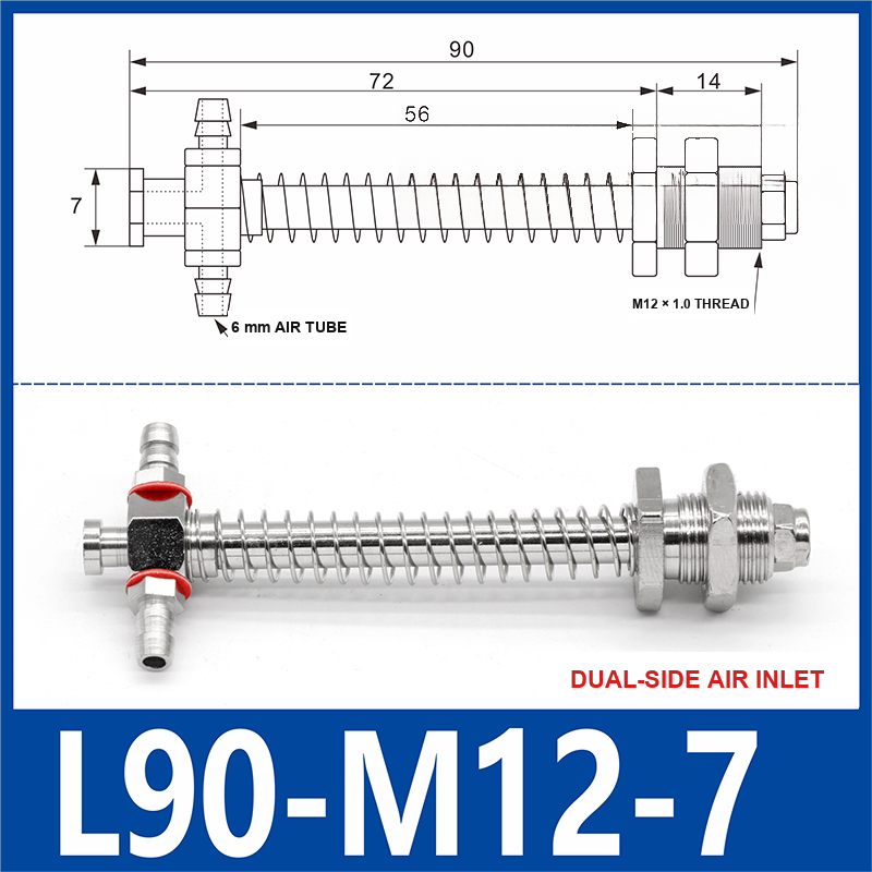 L90-M12-07-DSI small-head dual-side air-inlet vacuum cup buffer mount, 90 mm length, M12 × 1.0 mounting thread, with product view and dimensional drawing
