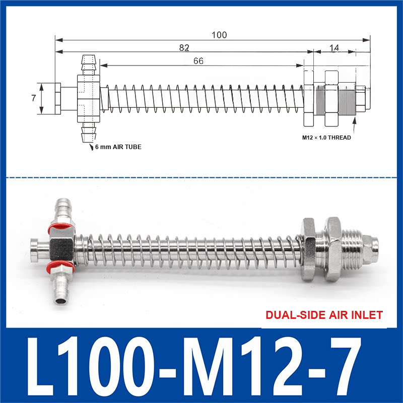 L100-M12-07-DSI small-head dual-side air-inlet vacuum cup buffer mount, 100 mm length, M12 × 1.0 mounting thread, with product view and dimensional drawing