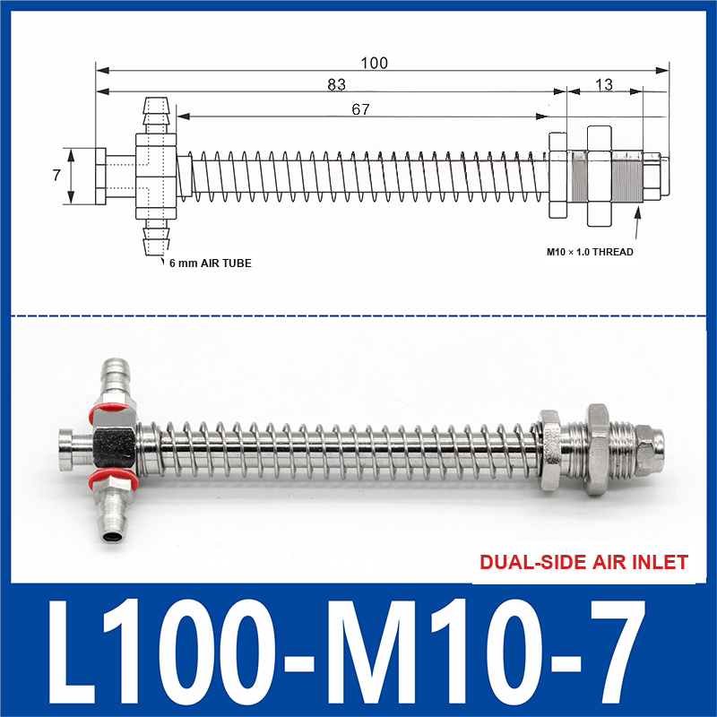 L100-M10-07-DSI small-head dual-side air-inlet vacuum cup buffer mount, 100 mm length, M10 × 1.0 mounting thread, with product view and dimensional drawing