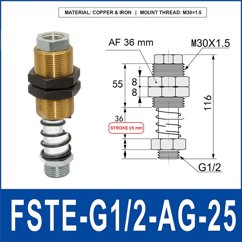 FSTE-G1/2-AG-25 heavy-duty vacuum cup buffer mount, copper and iron, M30×1.5 mount thread, G1/2 cup thread, 25 mm stroke, with technical dimensions