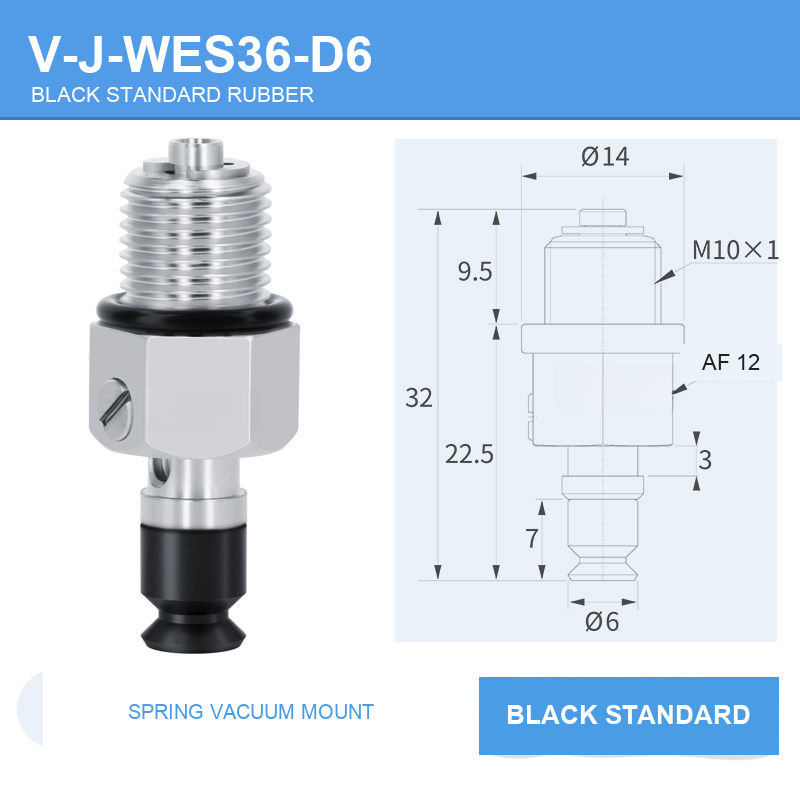 V-J-WES36-D6 spring vacuum cup mount with dimensional drawing