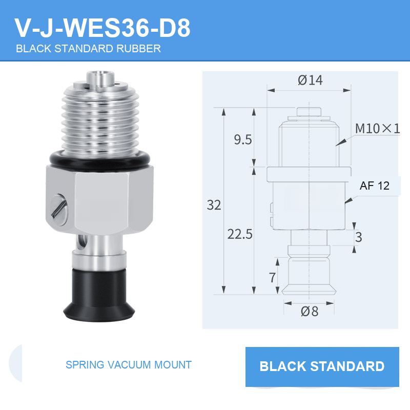 V-J-WES36-D8 spring vacuum cup mount with dimensional drawing