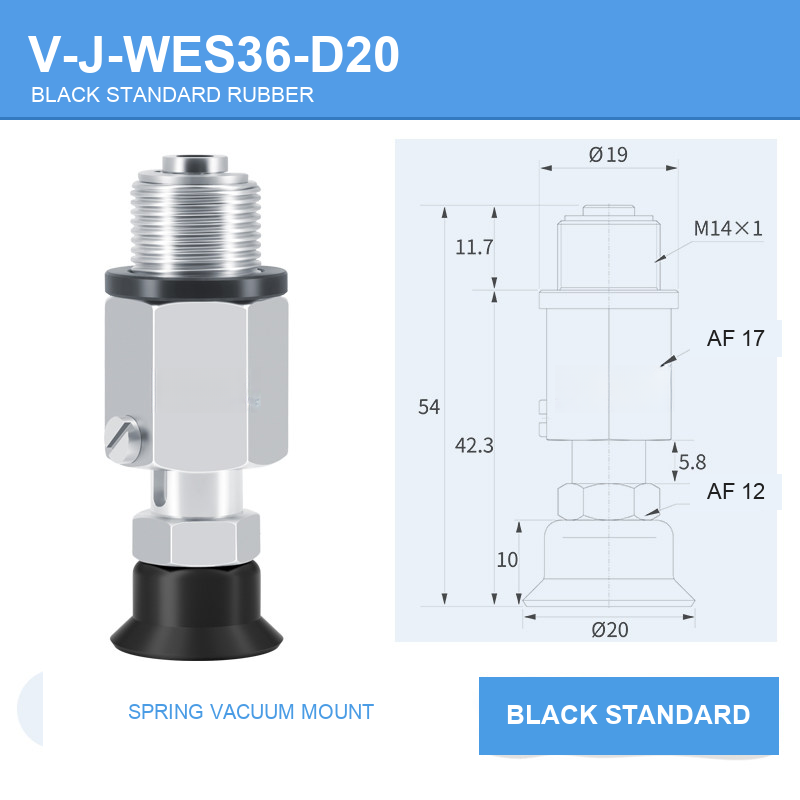 V-J-WES36-D20 spring vacuum cup mount with dimensional drawing
