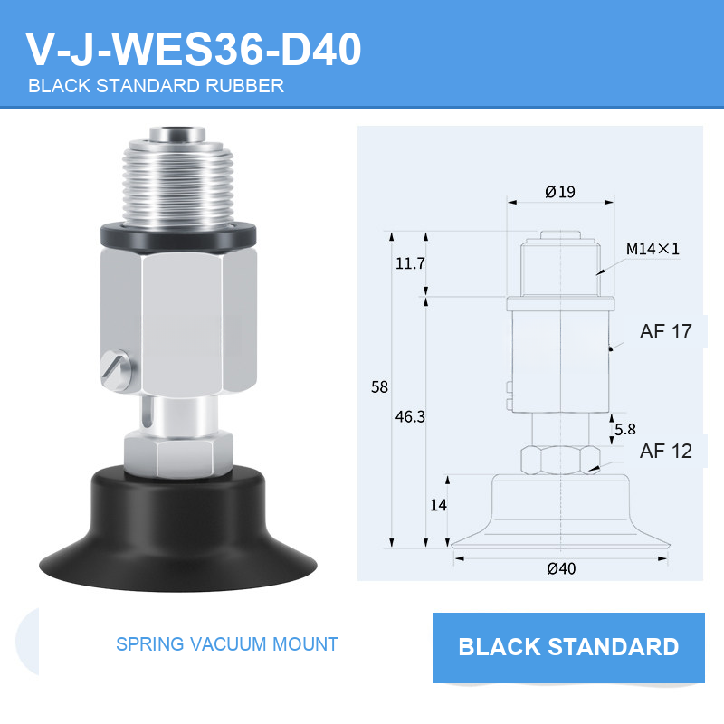 V-J-WES36-D40 spring vacuum cup mount with dimensional drawing