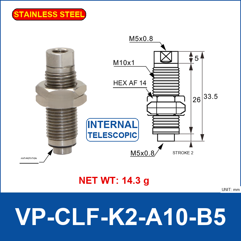 VP-CLF-K2-A10-B5 – Anti-Rotation, 2 mm Stroke, stainless steel telescopic vacuum buffer fitting, M10×1 / M5×0.8 threads, with technical dimensions