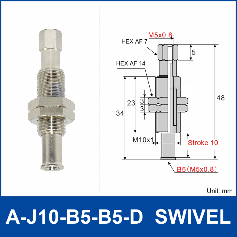A-J10-B5-B5-D swivel spring-loaded vacuum cup holder with M5 x 0.8 female connections and technical drawing