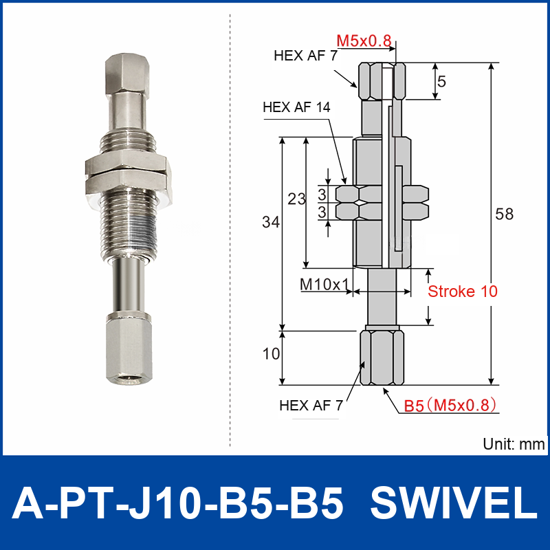 A-PT-J10-B5-B5 swivel spring-loaded vacuum cup holder with M5 x 0.8 female connections and technical drawing
