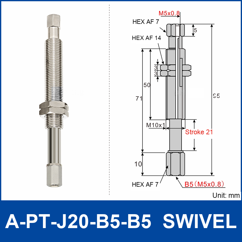 A-PT-J20-B5-B5 swivel spring-loaded vacuum cup holder with M5 x 0.8 female connections and technical drawing