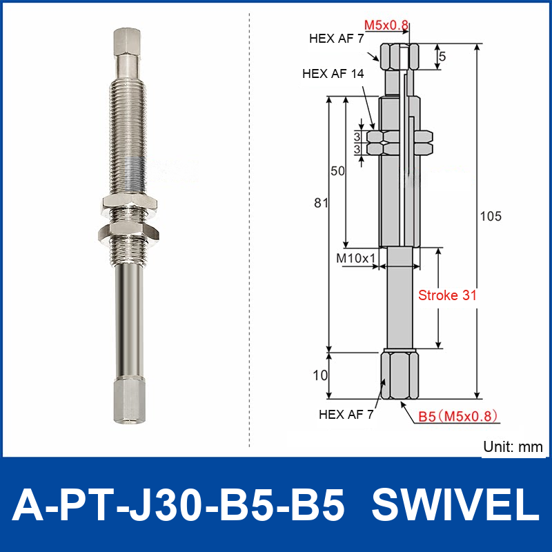 A-PT-J30-B5-B5 swivel spring-loaded vacuum cup holder with M5 x 0.8 female connections and technical drawing