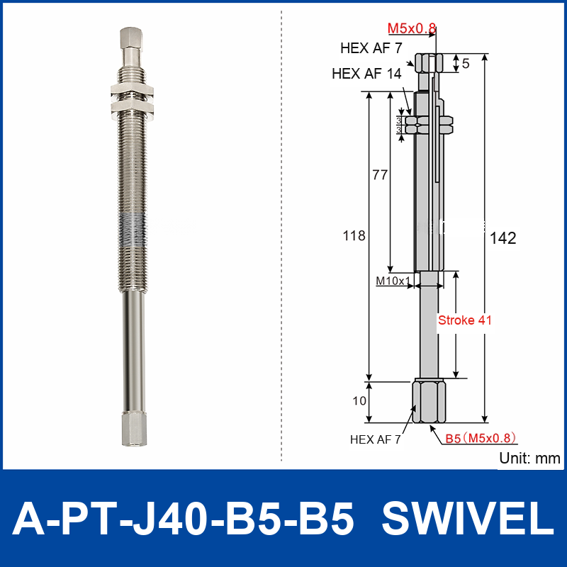 A-PT-J40-B5-B5 swivel spring-loaded vacuum cup holder with M5 x 0.8 female connections and technical drawing