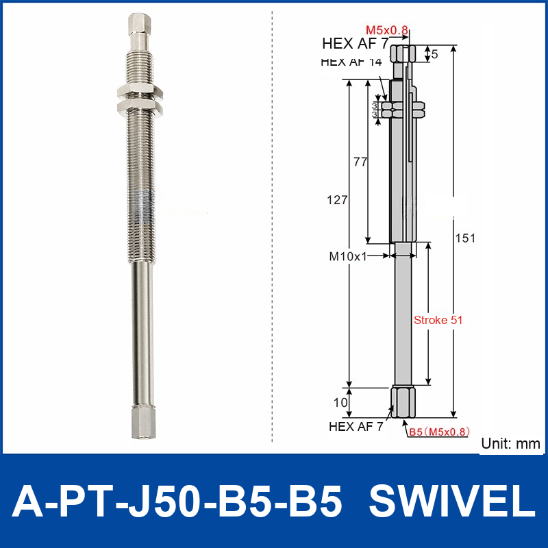 A-PT-J50-B5-B5 swivel spring-loaded vacuum cup holder with M5 x 0.8 female connections and technical drawing