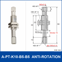 A-PT-K10-B5-B5 anti-rotation spring-loaded vacuum cup holder with M5 x 0.8 female connections and technical drawing