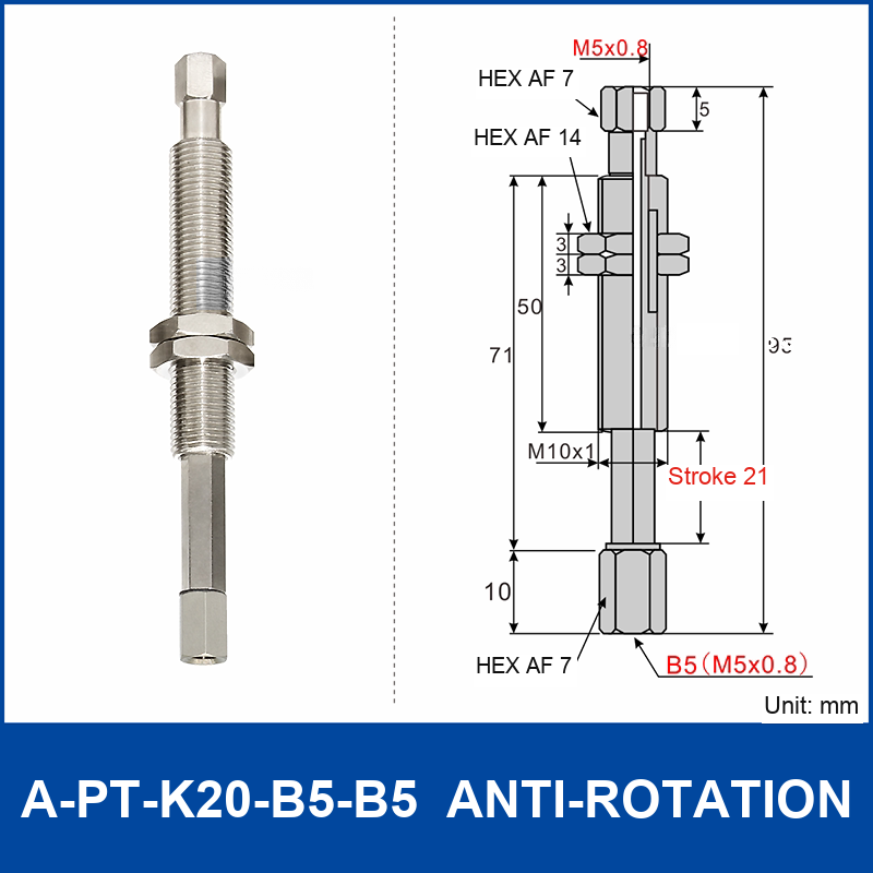 A-PT-K20-B5-B5 anti-rotation spring-loaded vacuum cup holder with M5 x 0.8 female connections and technical drawing