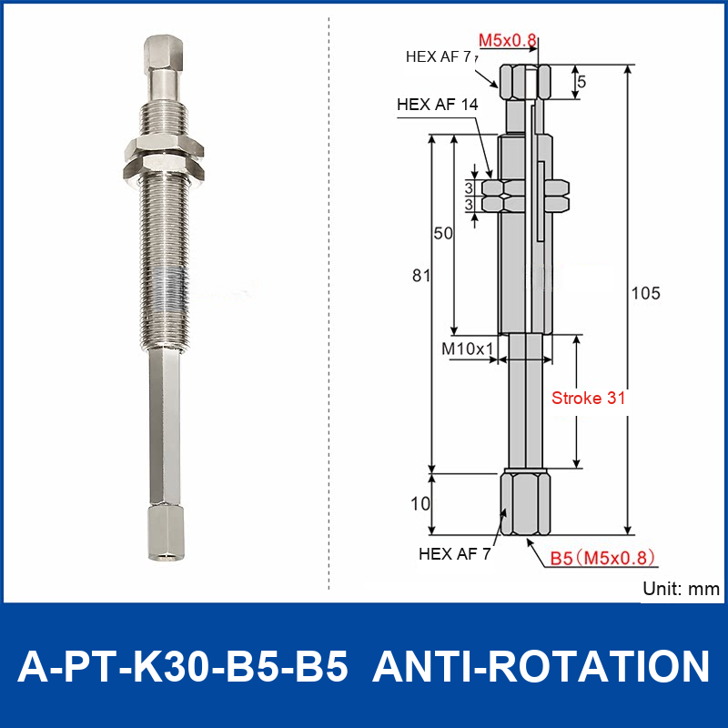 A-PT-K30-B5-B5 anti-rotation spring-loaded vacuum cup holder with M5 x 0.8 female connections and technical drawing