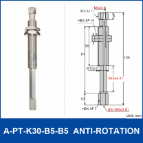 A-PT-K30-B5-B5 anti-rotation spring-loaded vacuum cup holder with M5 x 0.8 female connections and technical drawing
