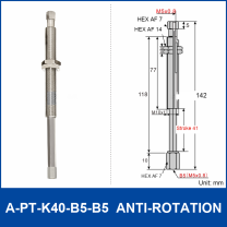 A-PT-K40-B5-B5 anti-rotation spring-loaded vacuum cup holder with M5 x 0.8 female connections and technical drawing