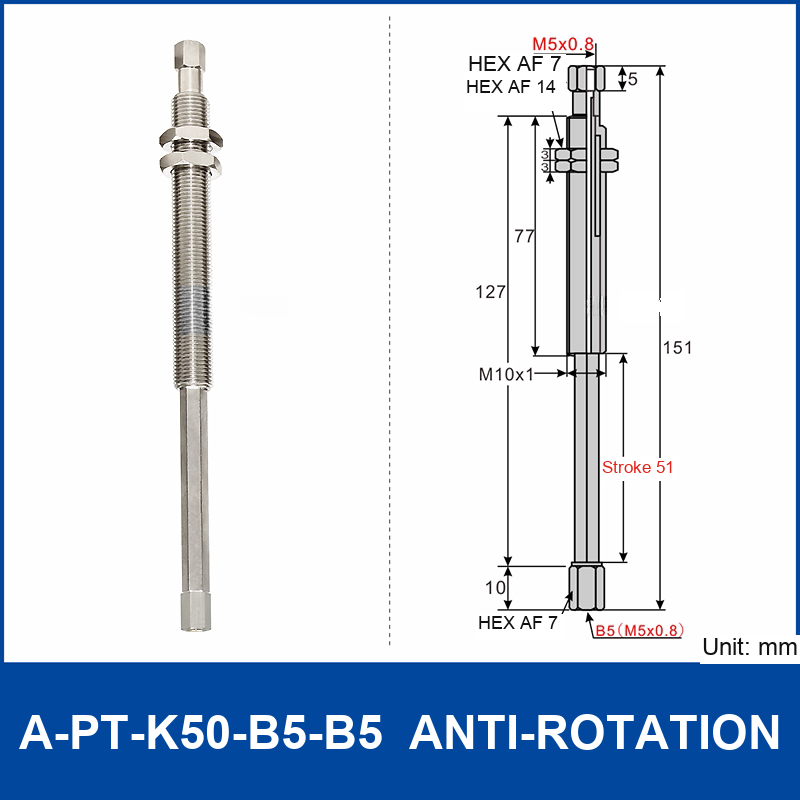 A-PT-K50-B5-B5 anti-rotation spring-loaded vacuum cup holder with M5 x 0.8 female connections and technical drawing
