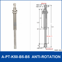 A-PT-K50-B5-B5 anti-rotation spring-loaded vacuum cup holder with M5 x 0.8 female connections and technical drawing