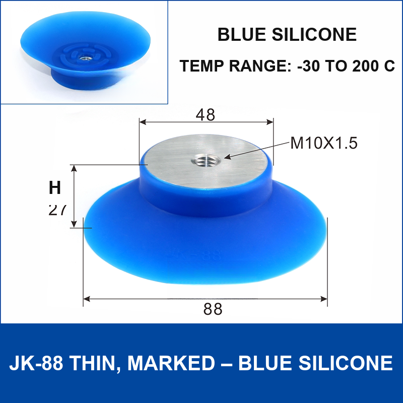 JK-88 Thin, Marked – Blue Silicone silicone vacuum cup, 88 mm, Blue Silicone, M10×1.5, with technical dimensions