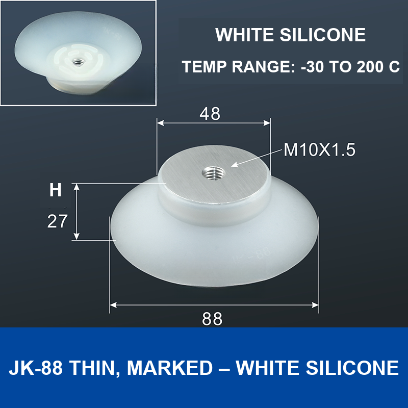 JK-88 Thin, Marked – White Silicone silicone vacuum cup, 88 mm, White Silicone, M10×1.5, with technical dimensions