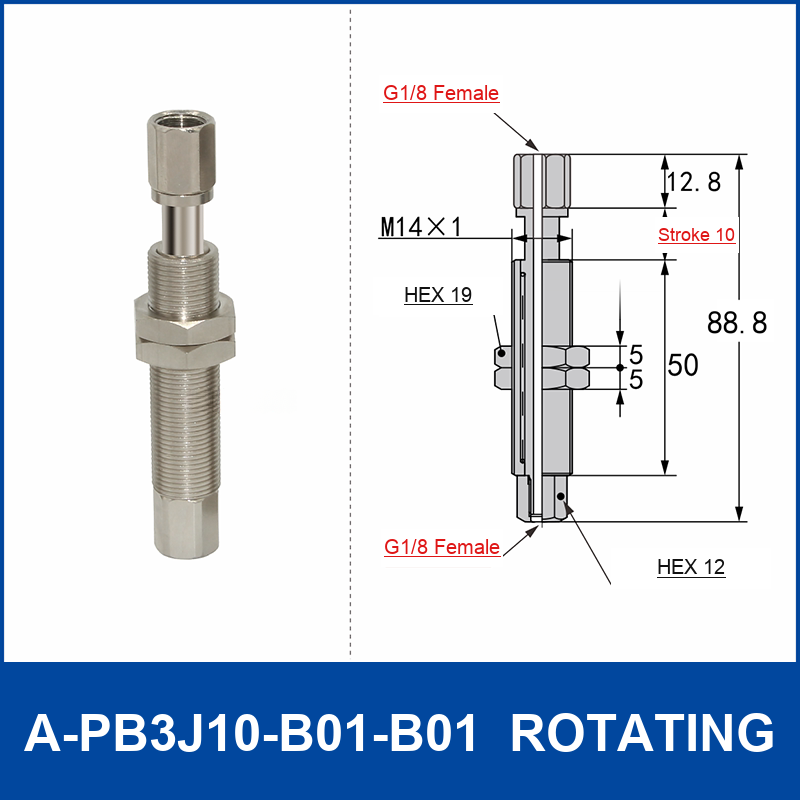 A-PB3J10-B01-B01 rotating spring-loaded vacuum cup buffer mount, 10 mm stroke, M14 x 1 body, G1/8 female upper connection, G1/8 female lower connection, with technical dimensions