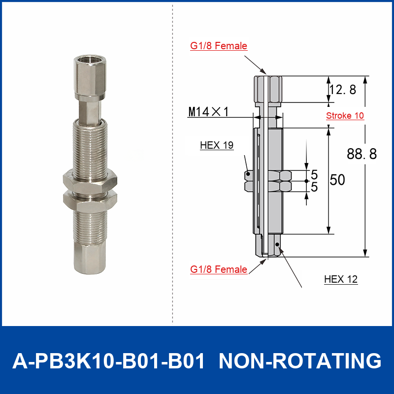 A-PB3K10-B01-B01 non-rotating spring-loaded vacuum cup buffer mount, 10 mm stroke, M14 x 1 body, G1/8 female upper connection, G1/8 female lower connection, with technical dimensions