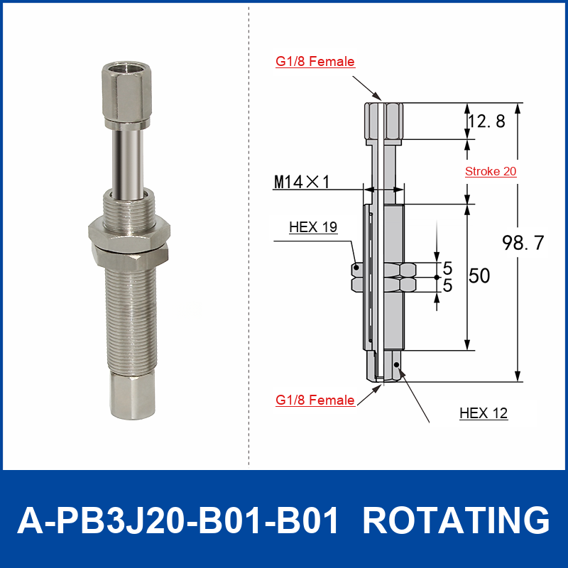 A-PB3J20-B01-B01 rotating spring-loaded vacuum cup buffer mount, 20 mm stroke, M14 x 1 body, G1/8 female upper connection, G1/8 female lower connection, with technical dimensions