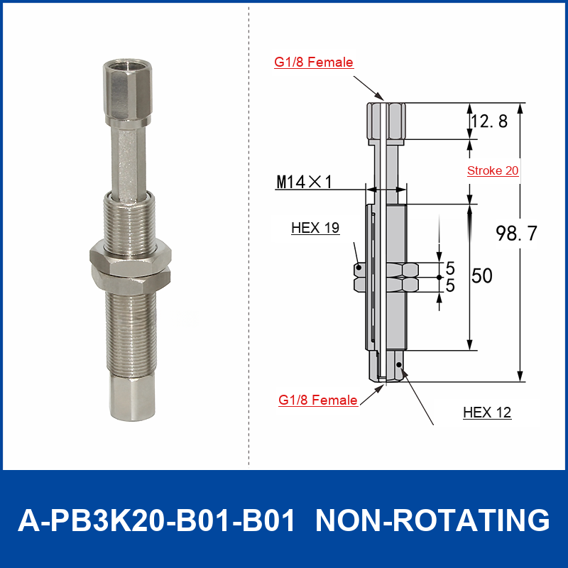A-PB3K20-B01-B01 non-rotating spring-loaded vacuum cup buffer mount, 20 mm stroke, M14 x 1 body, G1/8 female upper connection, G1/8 female lower connection, with technical dimensions