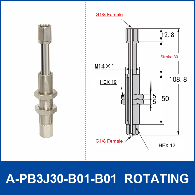 A-PB3J30-B01-B01 rotating spring-loaded vacuum cup buffer mount, 30 mm stroke, M14 x 1 body, G1/8 female upper connection, G1/8 female lower connection, with technical dimensions
