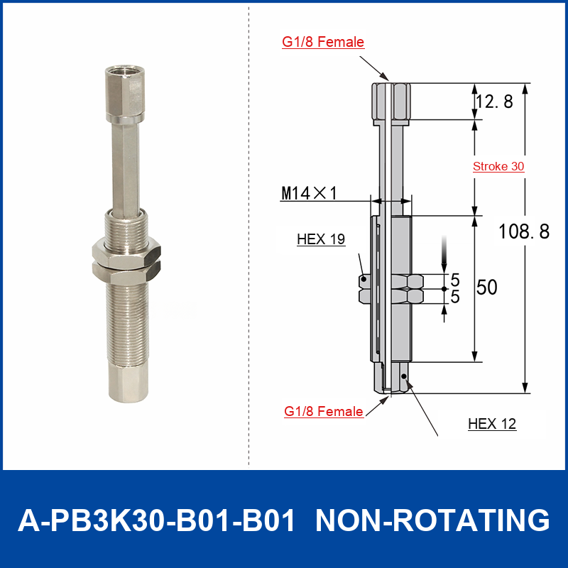A-PB3K30-B01-B01 non-rotating spring-loaded vacuum cup buffer mount, 30 mm stroke, M14 x 1 body, G1/8 female upper connection, G1/8 female lower connection, with technical dimensions
