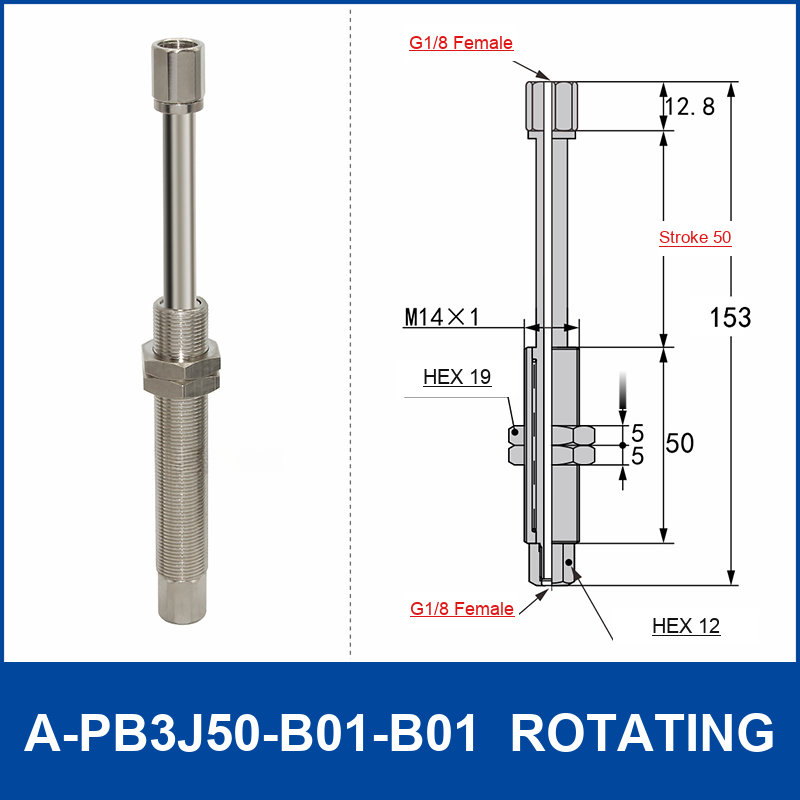 A-PB3J50-B01-B01 rotating spring-loaded vacuum cup buffer mount, 50 mm stroke, M14 x 1 body, G1/8 female upper connection, G1/8 female lower connection, with technical dimensions