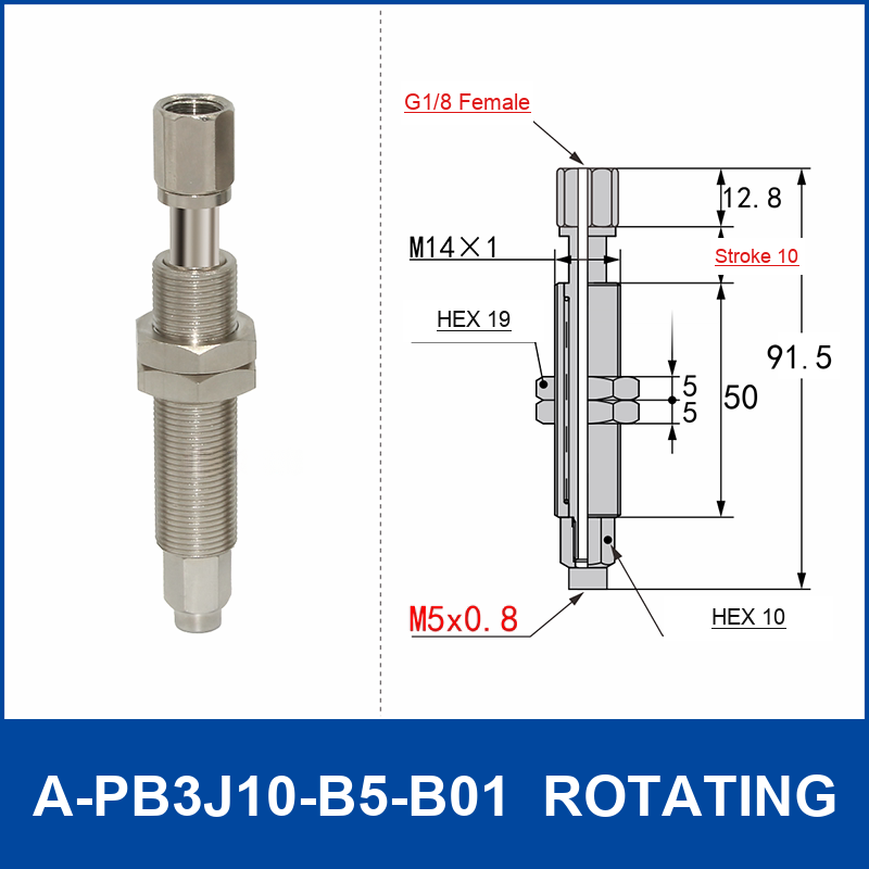 A-PB3J10-B5-B01 rotating spring-loaded vacuum cup buffer mount, 10 mm stroke, M14 x 1 body, G1/8 female upper connection, B5 M5 x 0.8 lower connection, with technical dimensions