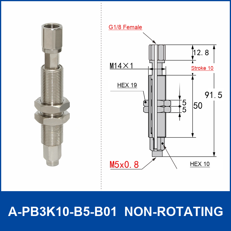 A-PB3K10-B5-B01 non-rotating spring-loaded vacuum cup buffer mount, 10 mm stroke, M14 x 1 body, G1/8 female upper connection, B5 M5 x 0.8 lower connection, with technical dimensions