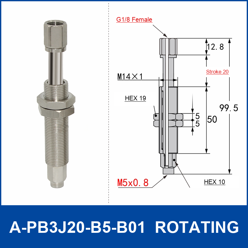 A-PB3J20-B5-B01 rotating spring-loaded vacuum cup buffer mount, 20 mm stroke, M14 x 1 body, G1/8 female upper connection, B5 M5 x 0.8 lower connection, with technical dimensions