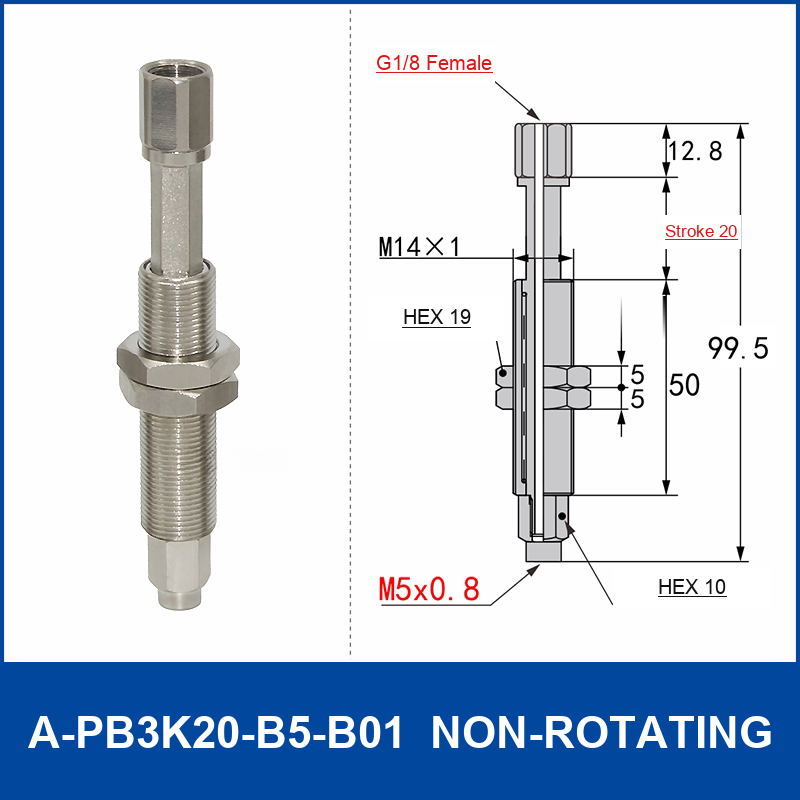 A-PB3K20-B5-B01 non-rotating spring-loaded vacuum cup buffer mount, 20 mm stroke, M14 x 1 body, G1/8 female upper connection, B5 M5 x 0.8 lower connection, with technical dimensions