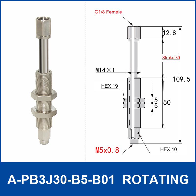 A-PB3J30-B5-B01 rotating spring-loaded vacuum cup buffer mount, 30 mm stroke, M14 x 1 body, G1/8 female upper connection, B5 M5 x 0.8 lower connection, with technical dimensions