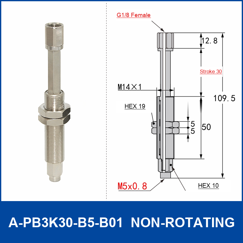 A-PB3K30-B5-B01 non-rotating spring-loaded vacuum cup buffer mount, 30 mm stroke, M14 x 1 body, G1/8 female upper connection, B5 M5 x 0.8 lower connection, with technical dimensions