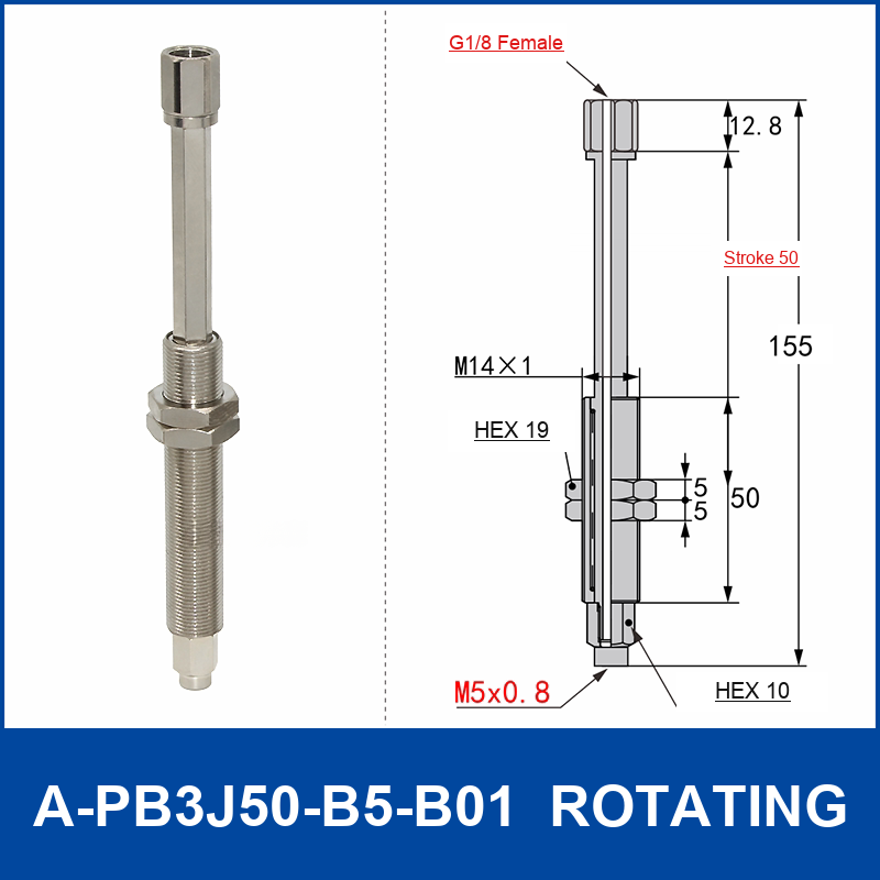 A-PB3J50-B5-B01 rotating spring-loaded vacuum cup buffer mount, 50 mm stroke, M14 x 1 body, G1/8 female upper connection, B5 M5 x 0.8 lower connection, with technical dimensions