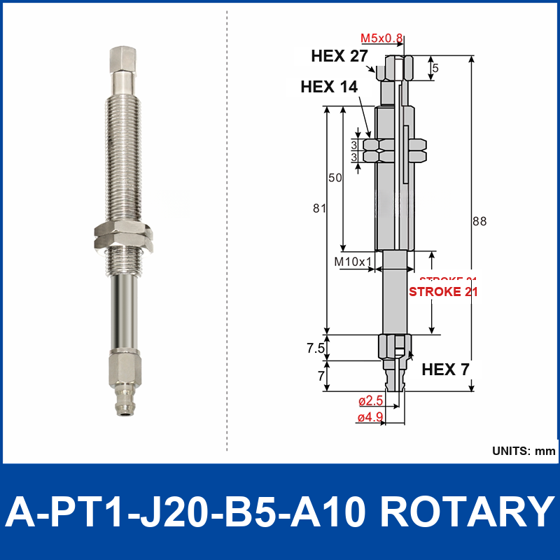 A-PT1-J20-B5-A10 rotary mini vacuum cup mount with dimensional drawing
