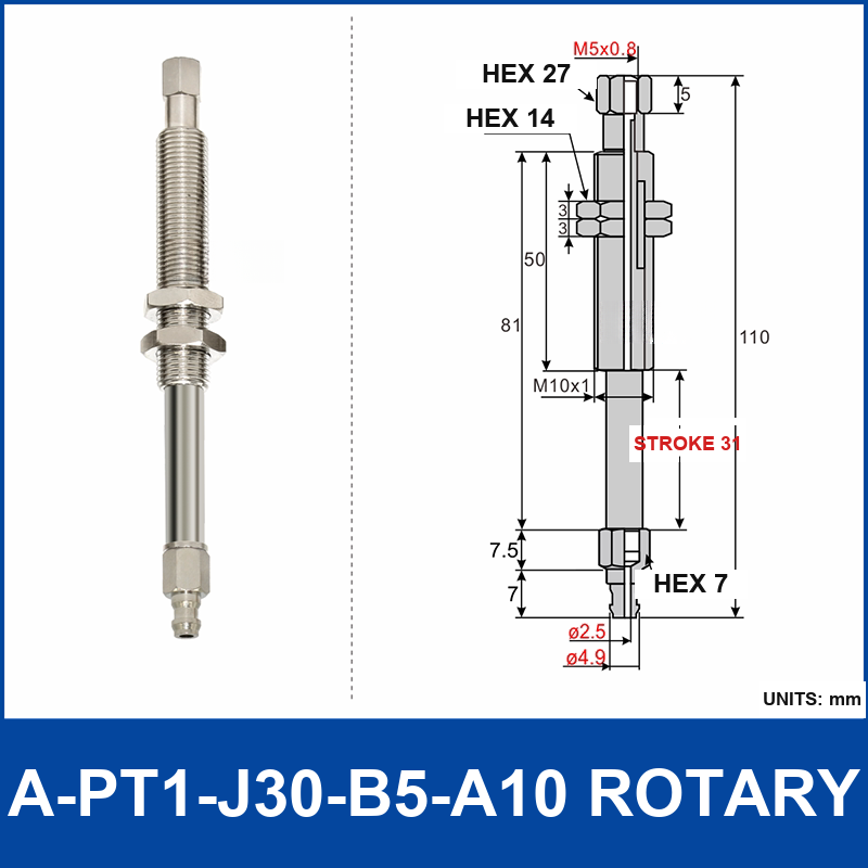 A-PT1-J30-B5-A10 rotary mini vacuum cup mount with dimensional drawing
