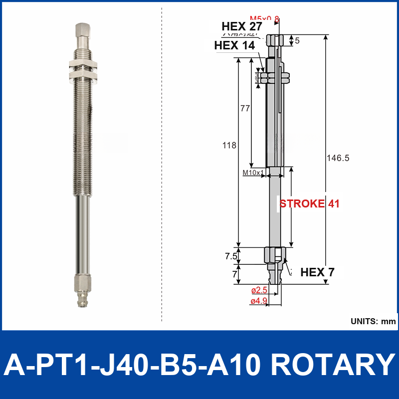 A-PT1-J40-B5-A10 rotary mini vacuum cup mount with dimensional drawing