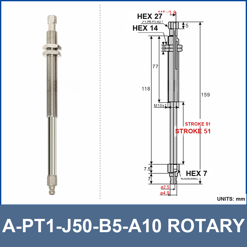A-PT1-J50-B5-A10 rotary mini vacuum cup mount with dimensional drawing