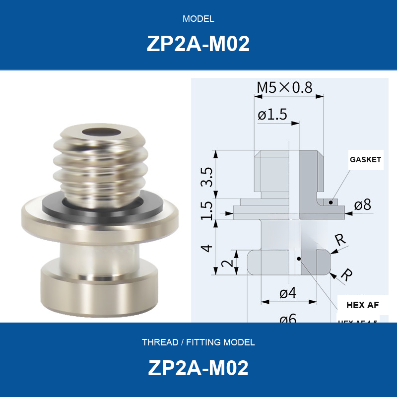 ZP2A-M02 threaded vacuum cup mount fitting with product view and dimensional drawing