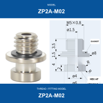 ZP2A-M02 threaded vacuum cup mount fitting with product view and dimensional drawing