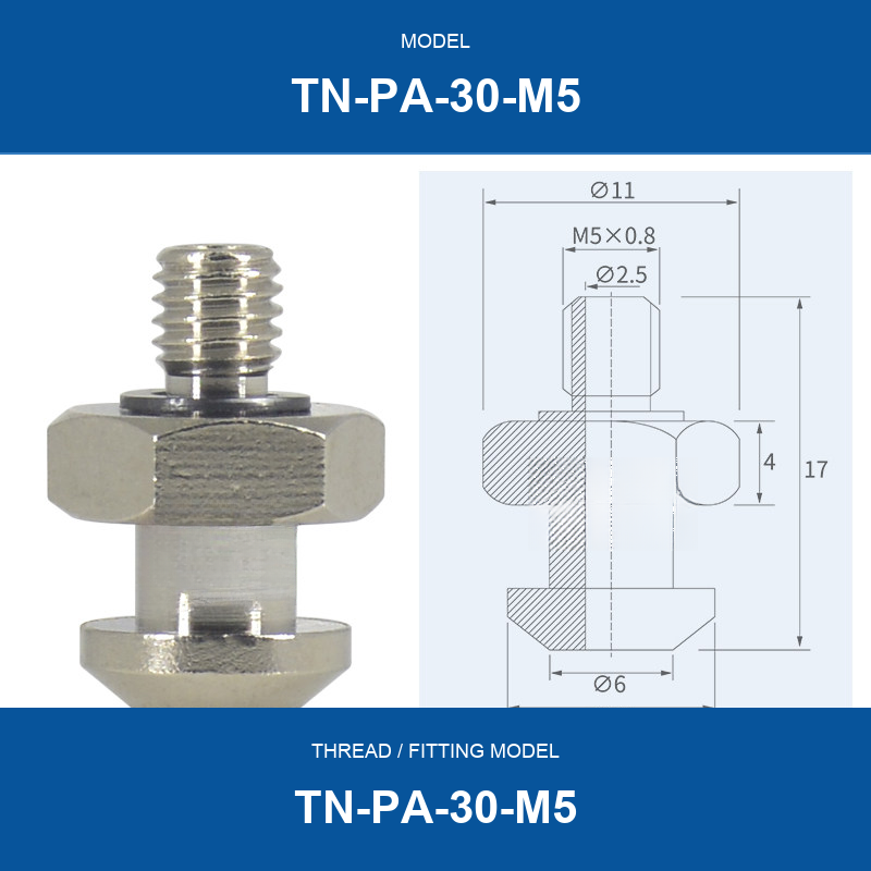 TN-PA-30-M5 threaded vacuum cup mount fitting with product view and dimensional drawing